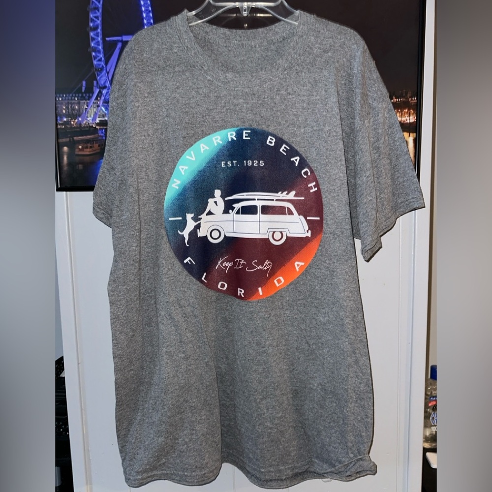 Gray Graphic Tee with Beach Design